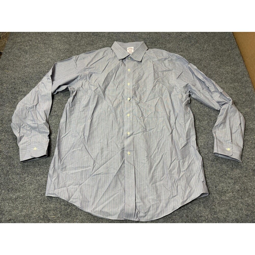 Brooks Brothers Dress Shirt Mens 17 34/35 Blue Stripe Madison Non Iron Supima LS